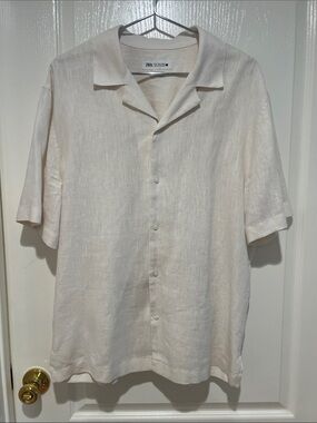 Zara Cream Short-Sleeve Linen Camp Shirt
